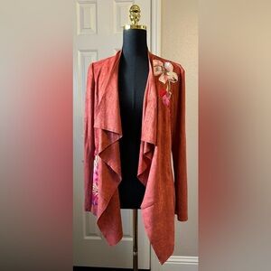 V Christina Suede Embroidered Waterfall Cardigan Cinnamon Brown Size M NWT
